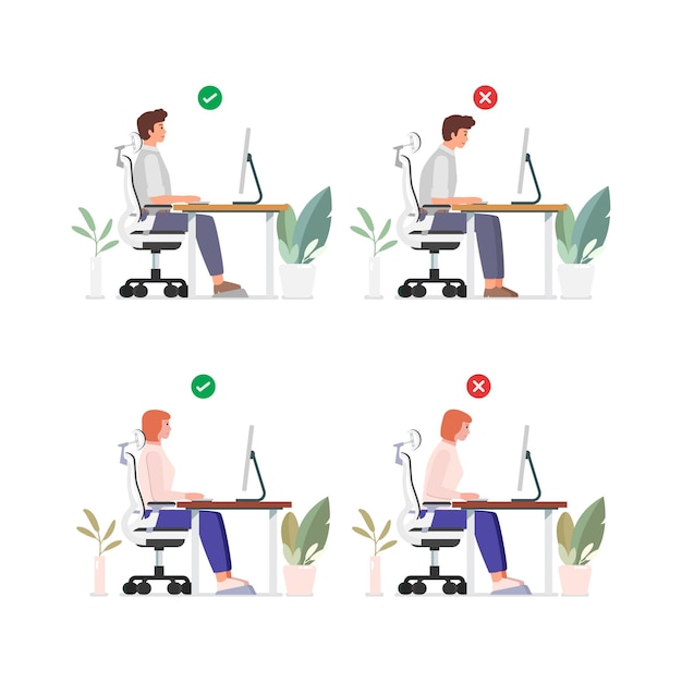 Good position vs bad incorrect posture for sitting at computer desk