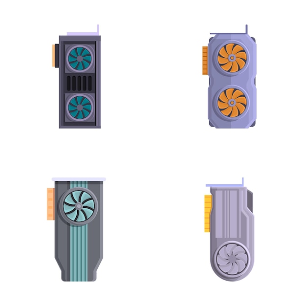 Gpu card icons set cartoon vector Computer graphic card with cooling fan