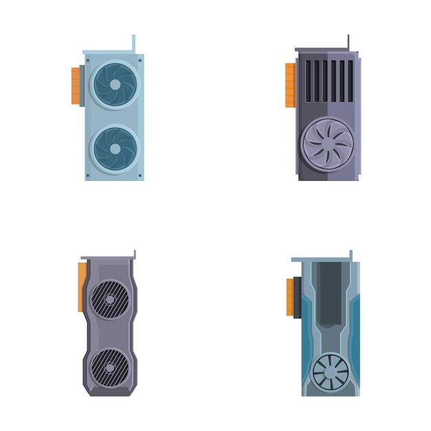 Gpu icons set cartoon vector Computer graphic card with cooling fan