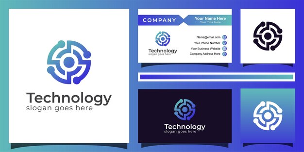 Gradient cirkel teknologi blå farve logo design af abstrakt bogstav O, eye tech logo vektor med visitkort