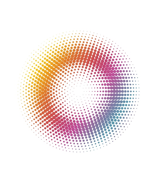 Gradient multicolored rainbow neon circle with colorful halftone dots.