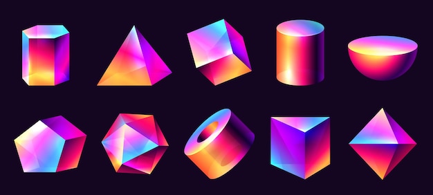 Gradient shape objects Minimalistic modern perspective shapes abstract colorful geometric forms Vector colorful set Futuristic holographic and iridescent isolated icon elements
