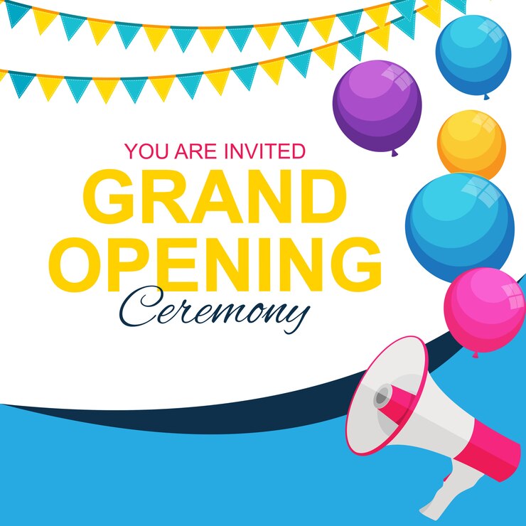 Vektör grand opening card with megaphone and speech bubble
