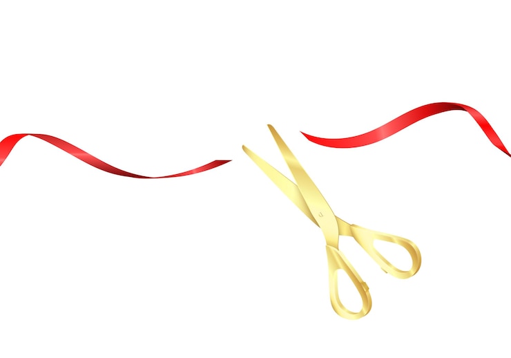 Vektör grand opening ceremony. golden scissors cut red silk ribbon. start celebration. vector realistic illustration isolated on white