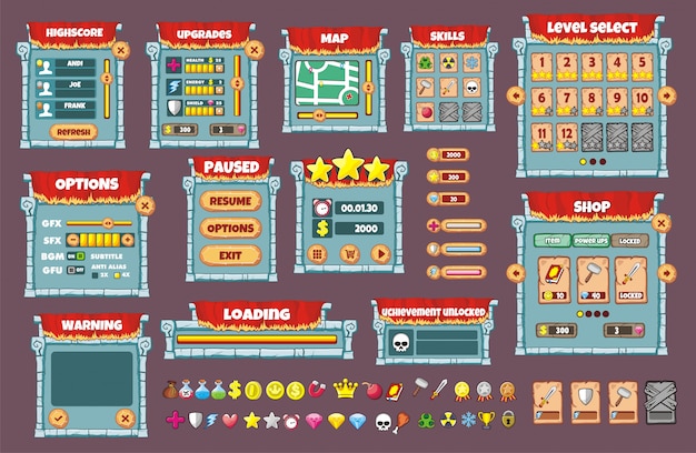 Gränssnitt speldesign. Alla skärmar du behöver för ditt spel