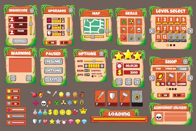 Gränssnitt speldesign. Alla skärmar du behöver för ditt spel