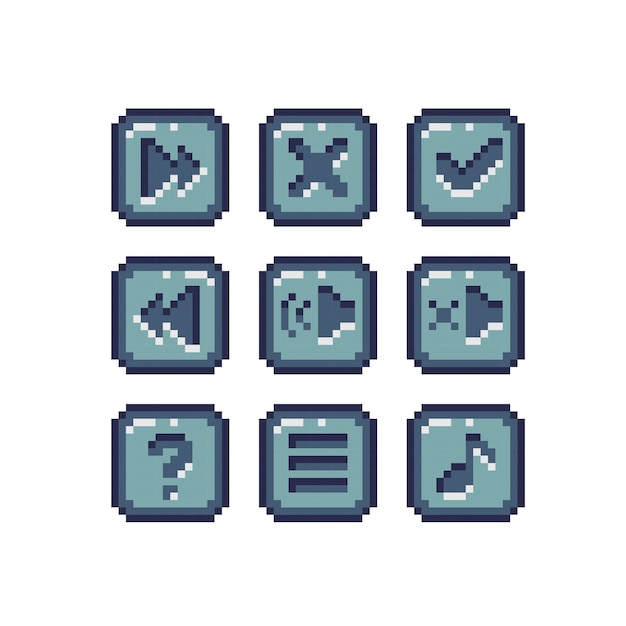 Gränssnittsknappar pixel art set. Menypanelsamling. 8 bitars sprite.