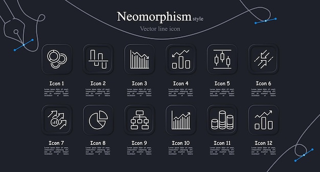Graph icon set Pie chart falling values rising prices arrow Neomorphism style Vector line icon for business and advertising