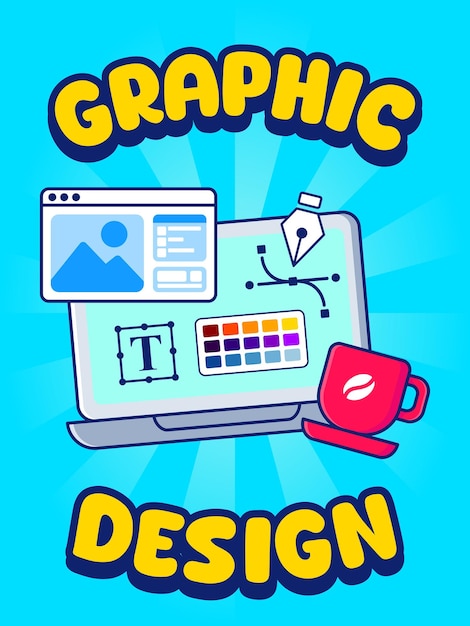 Graphic Design Illustration with Laptop and Coffee Cup
