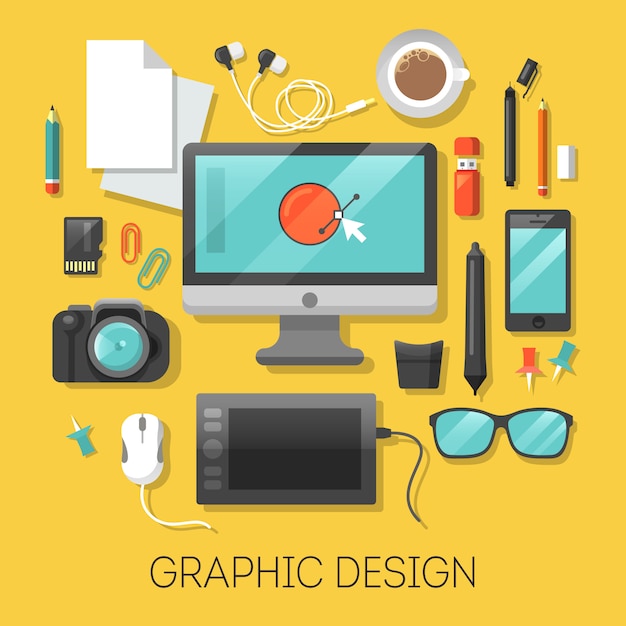 Graphic Design Workplace with Computer and Digital Tools.