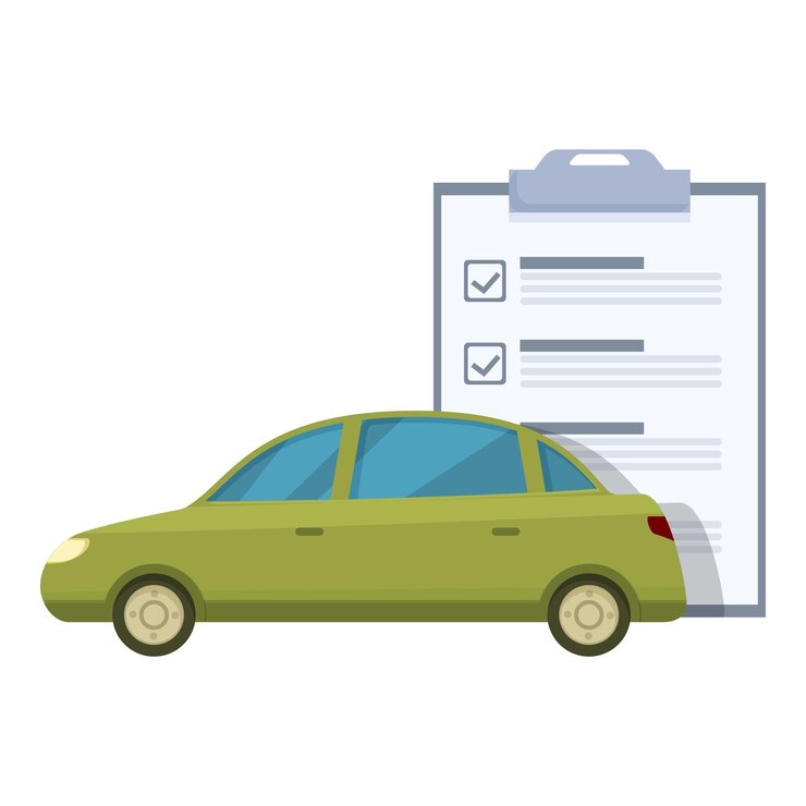 Vektor graphic of a green car with a large checklist symbolizing vehicle inspection or maintenance