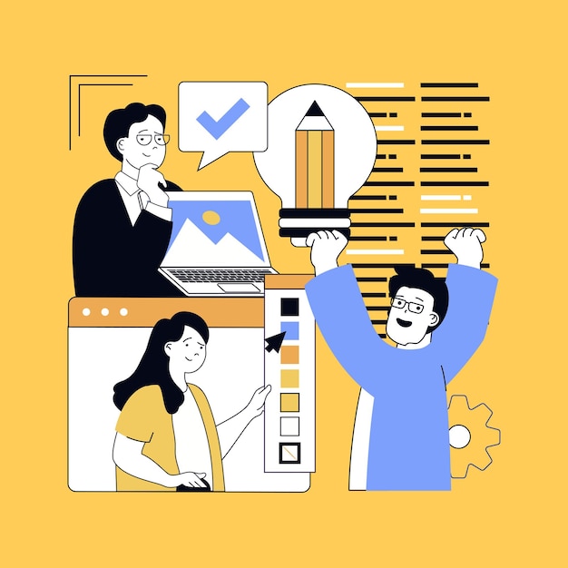 Graphic web design concept for modern website design People working in team creating wireframe layouts coding on platform selecting colours using pencil and other tools Vector illustration