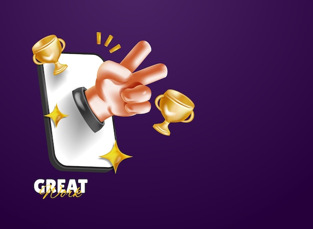 great award with phone trophy and gesture 3d modern vector template business element