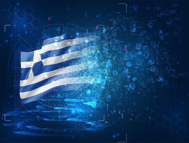 greece, vector 3d flag on blue background with hud interfaces