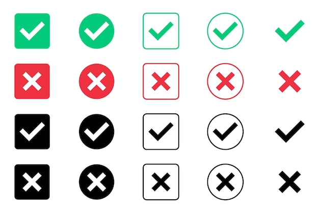 Green check mark and red cross mark icon set Isolated tick symbols Checklist signs Approval badge Flat and modern checkmark design Vector illustration