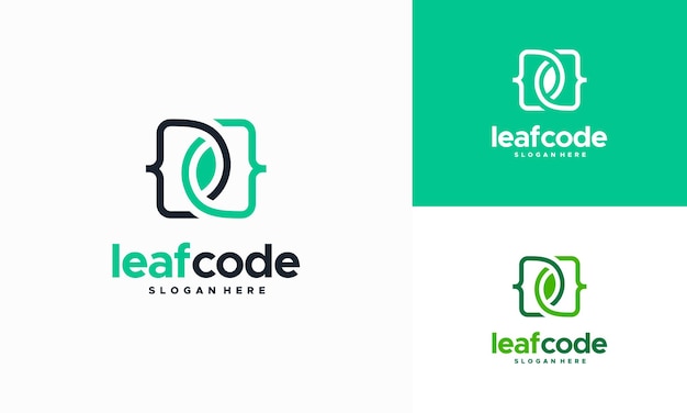 green code leaf logo design. programming code logo template. eco tech logo template design vector