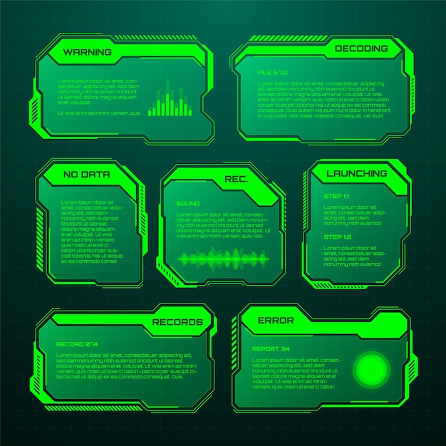Green futuristic hud ui elements scifi user interface text boxes callouts warning message frames