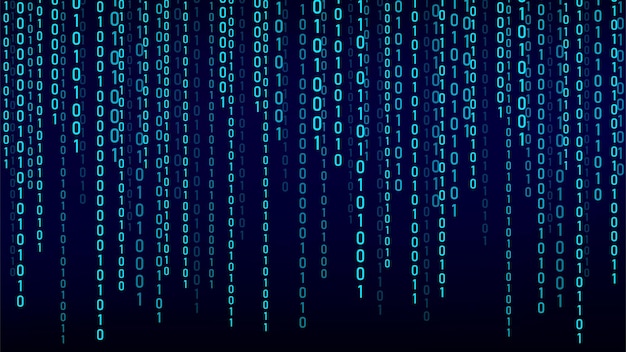 Green matrix background Stream of binary code Falling numbers on dark backdrop Digital computer code Coding and hacking Vector illustration