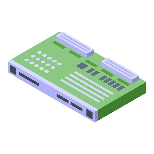 Green motherboard lying on white background microchips and slots modern technology concept