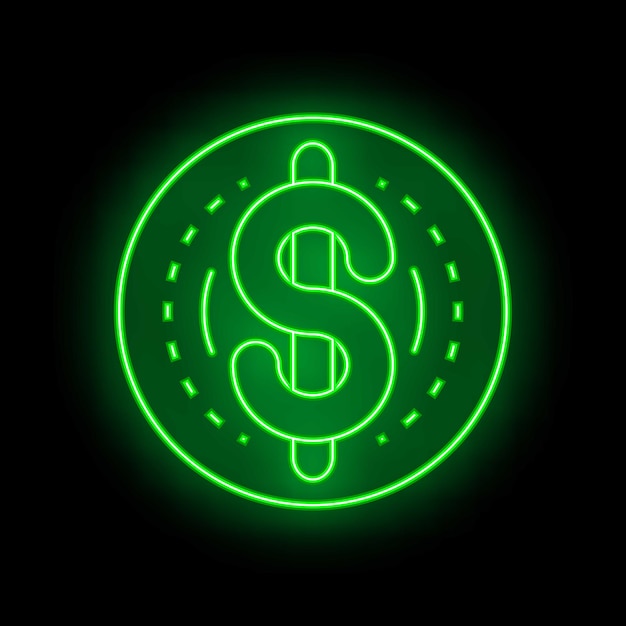 Green neon sign depicting a dollar coin on a black background