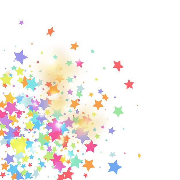 Green, red, yellow,pink star confetti on white background.  Flying shiny sparkle particles. Abstract vector colorful confetti. Sparkle bright decoration backdrop. Christmas card template