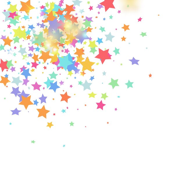 Green, red, yellow,pink star confetti on white background.  Flying shiny sparkle shower. Holiday vector colorful confetti. Sparkle bright decoration backdrop. Surprise card template