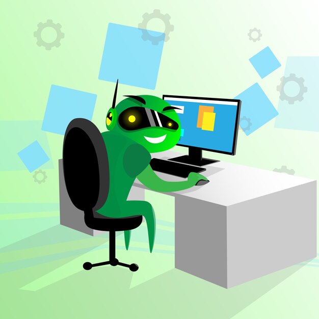 Green Robot Sit Desk Using Computer Technology