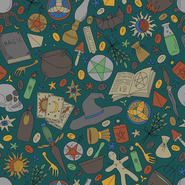 GREEN SEAMLESS BACKGROUND WITH COLORFUL OBJECTS FOR MAGIC
