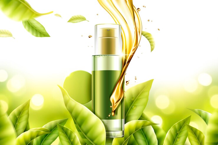 Vektör green tea essence product with swirling serum liquid and leaves in 3d illustration