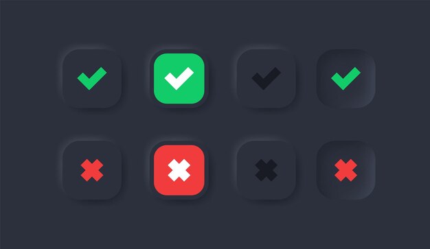 green yes and red no checkmark buttons or approved and reject icons in black neumorphism square