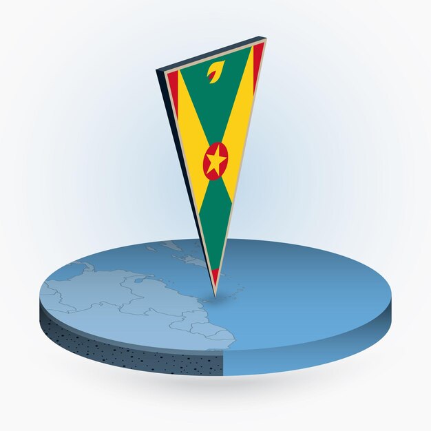 Grenada map in round isometric style with triangular 3D flag of Grenada