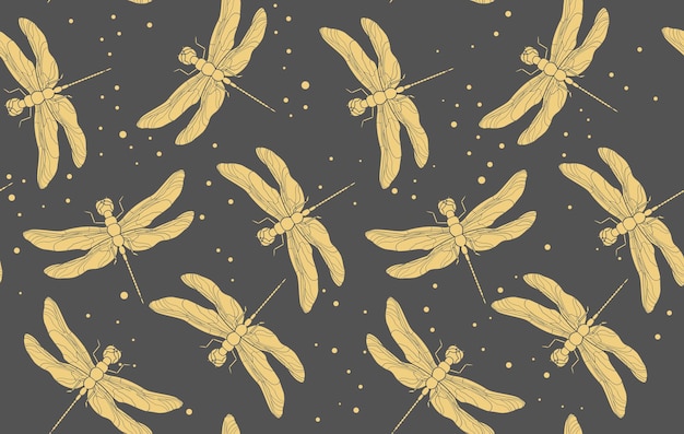 Grey and yellow dragonfly seamless pattern. Vintage retro illustration. EPS 10. Hand drawn vector illustration. Pastel tones. Pajama pattern design.