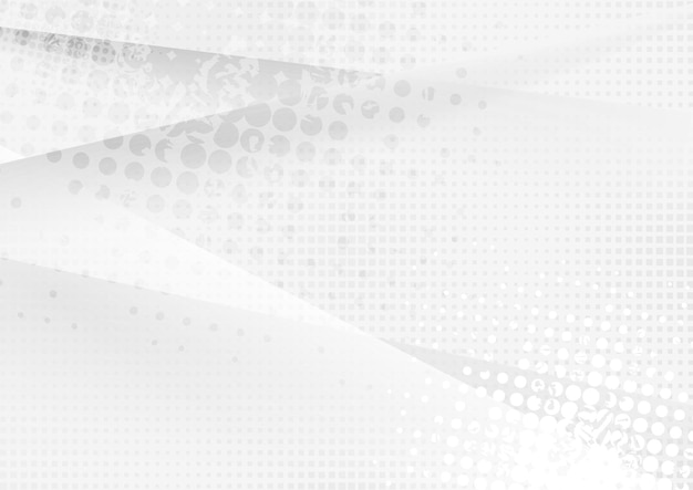 Grey white minimal background with grunge halftone blots and smooth stripes Tech geometric abstract vector design