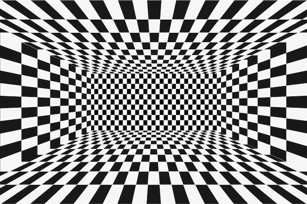 Grid perspective black and whte room. Chess wireframe background. Digital cyber box technology model. Vector abstract illusion template