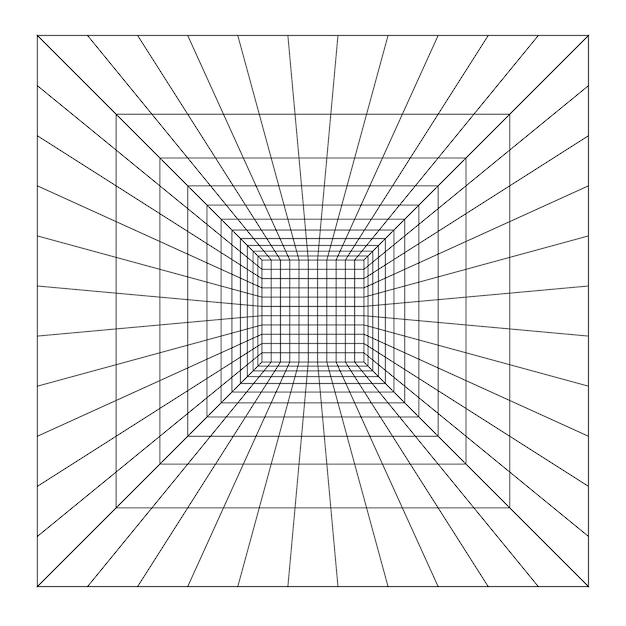 Grid perspektiv vitt rum med grå trådram bakgrund 3D trådram av grid
