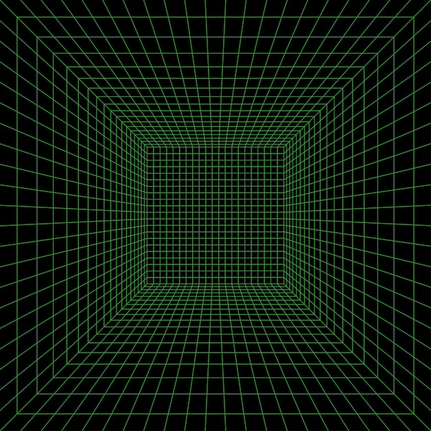 Grid room in perspective in 3d style Indoor wireframe from green lines template interior square