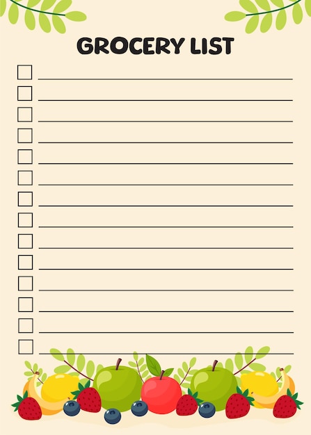 grocery list template with fruits flat vector illustration