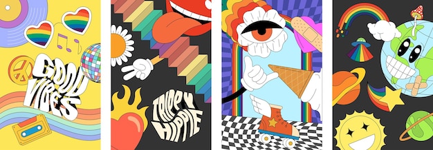 Groovy 90s posters with psychedelic cartoon style vibrant retro hippie elements featuring mountains