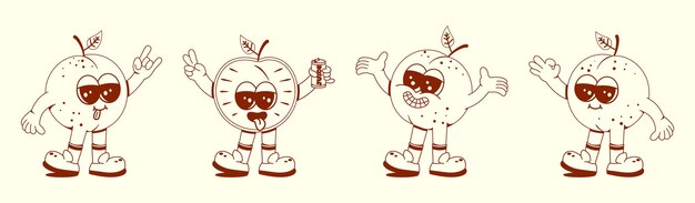 Groovy apricot set Funny vintage character in trendy retro linear style Doodle Comic collection