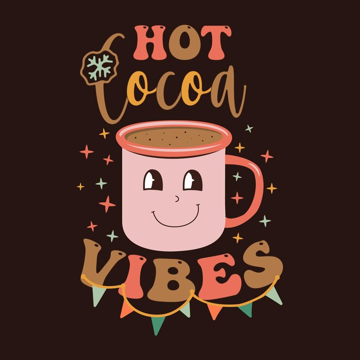 Vektor groovy christmas print with enamel mug and quotehot cocoa vibes retro christmas graphics stock vecto