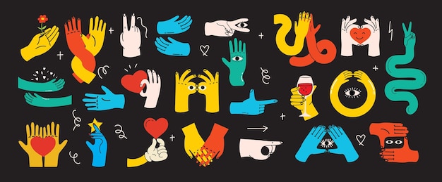 Groovy hippie set of colorful hands with different gestures Hands with heart together hands and etc Hand drawn vector illustration