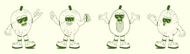 Groovy mango set Funny vintage character in trendy retro linear style Doodle Comic collection