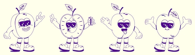 Groovy plum set Funny vintage character in trendy retro linear style Doodle Comic collection