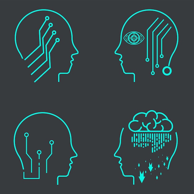 Group of 4 AI icon sets on dark background Collection of AI symbols technology vector