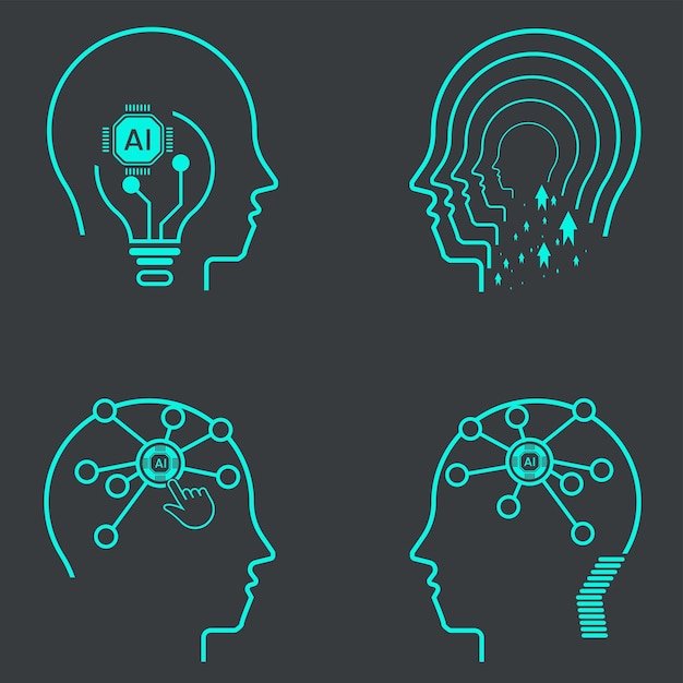 Group of AI icon sets on dark background Collection of symbols technology vector elements