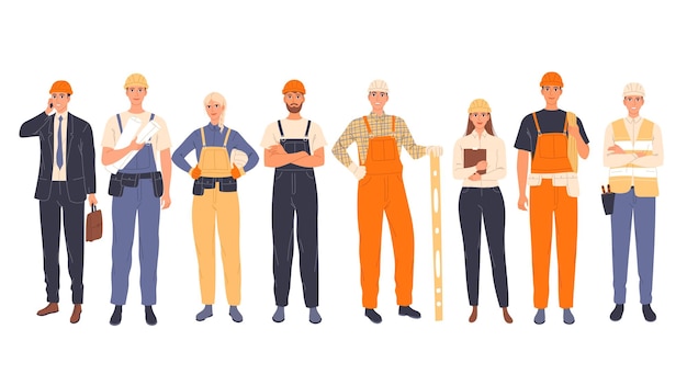 group of construction workers in uniform men and women of different specialties chief engineer