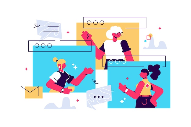 Group of diverse female enjoy online meeting or web communication flat illustration. Smiling girl friends talking on videoconference isolated on white. Woman have internet gossip discussion