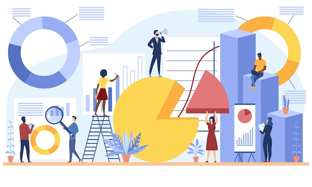 Group of diverse workers analysing a variety of different infographics and statistical charts and graphs, colored vector illustration
