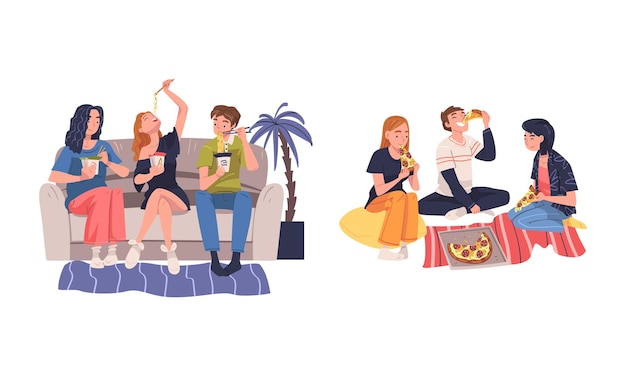 group of friend character eating food at home sitting on the floor and sofa with pizza and chinese noodles vector set