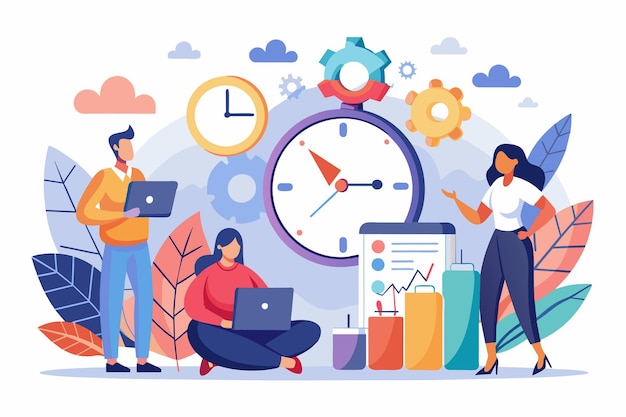 Group of People Gathering Around a Clock Time management with people clocks and data analysts trending Simple and minimalist flat Vector Illustration